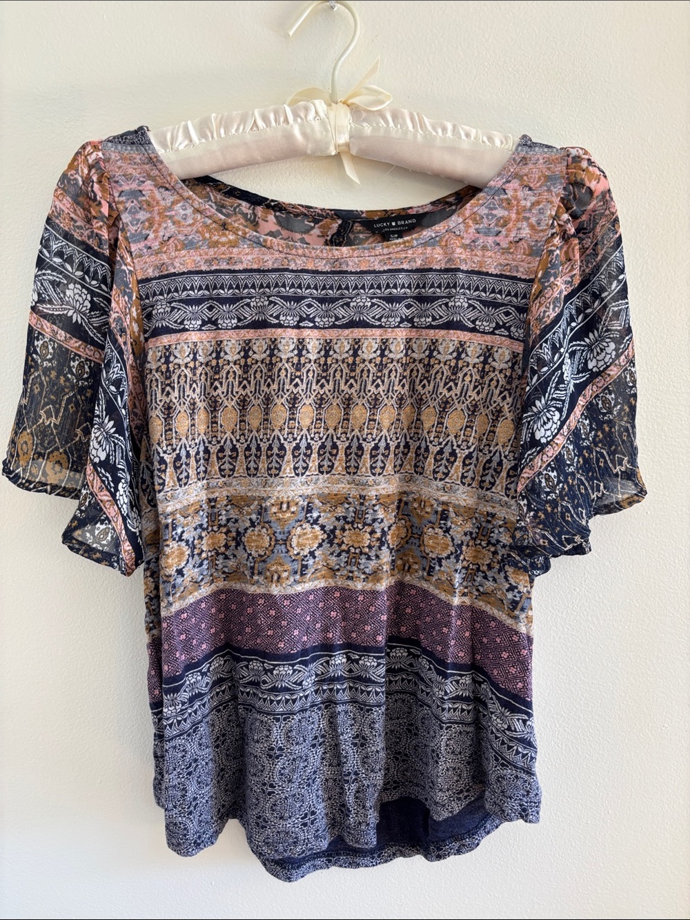 Lucky Brand Mixed-Print Flutter Sleeve Top in Navy and Mustard
